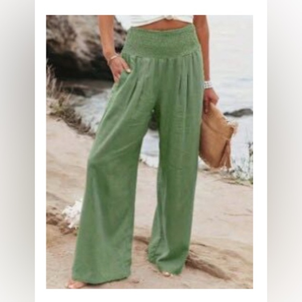 SHEIN olive green boho wide leg, high waist casual vacation pants